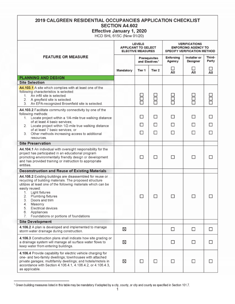 2019 HCD CalGreen Checklist Page 1