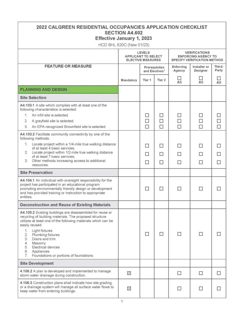 2022 HCD CalGreen Checklist, Page 1
