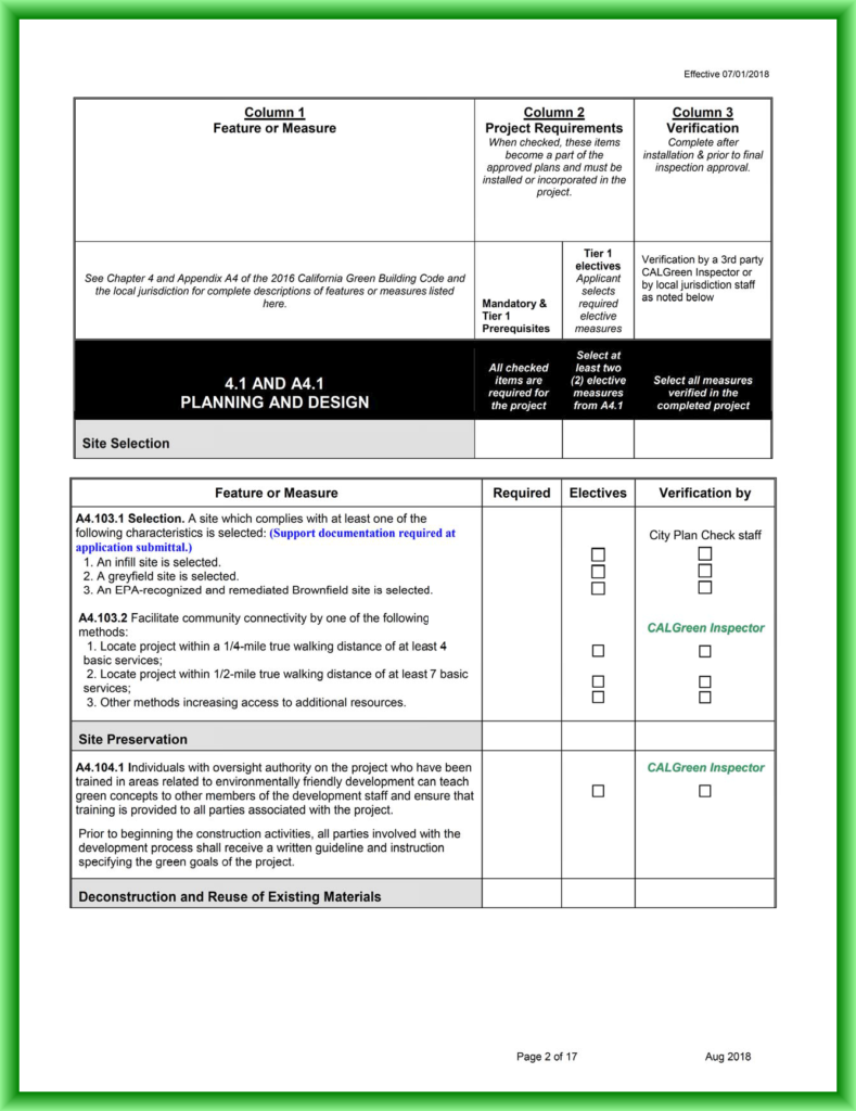 Page 2 of the 17 page Santa Rosa CalGreen Tier 1 checklist